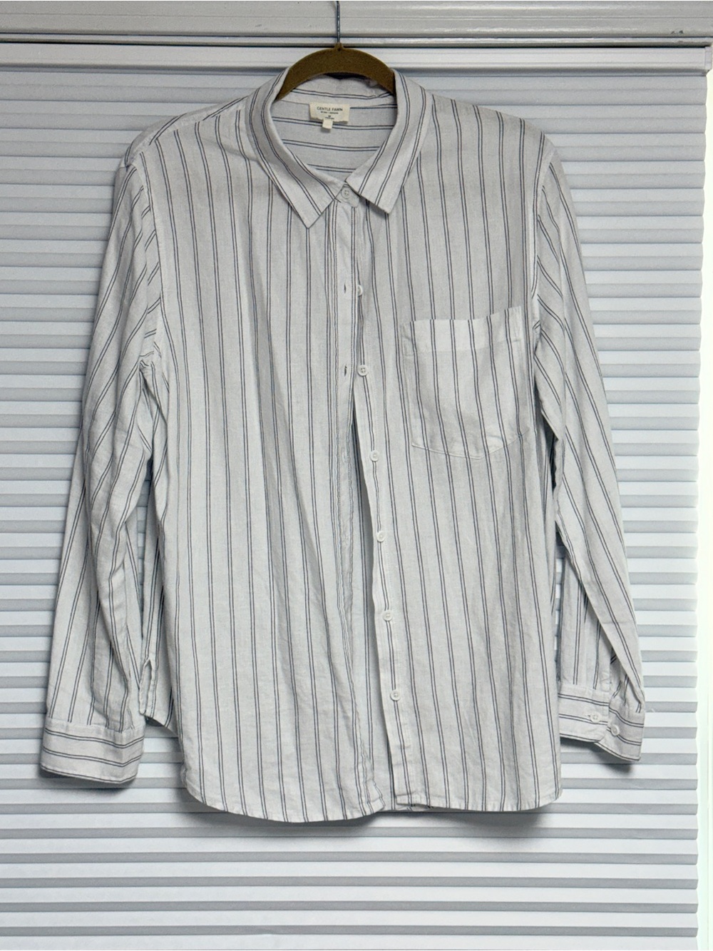 Gentle Fawn White Linen/Rayon blend Shirt with Charcoal Gray Pinstripes